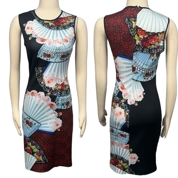 CLOVER Canyon Fan Foulard Print Neoprene Sheath Bodycon Midi dress size Medium - Picture 2 of 6